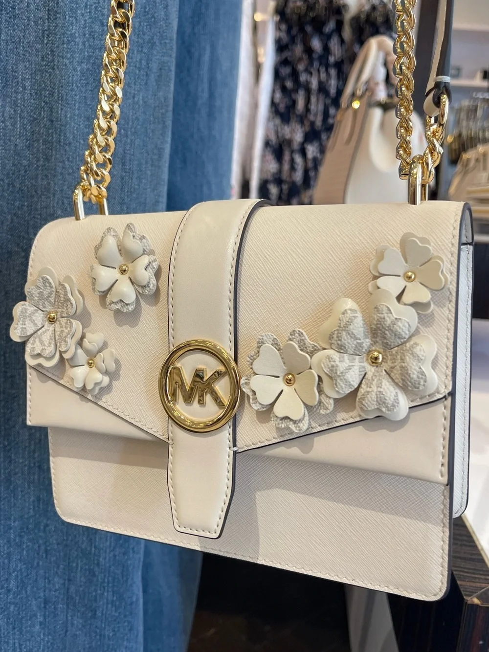 MICHAEL KORS Greenwich Sm Embellished Signature Logo Trim Crossbody Lt Cream NWT